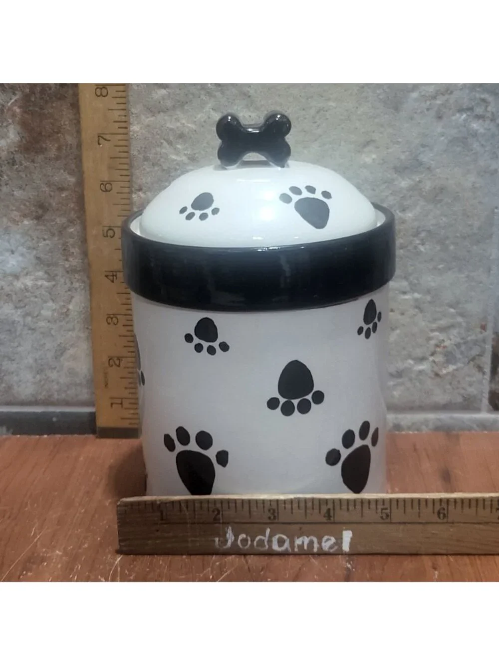 Castlemere Creations Ceramic Pet Treat Jar White Base Black Paw Print Lid Black